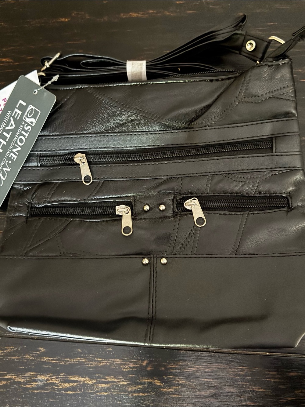 Stone Mountain New York black patchwork leather crossbody purse shoulder strap